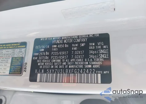 2015 Hyundai Santa Fe Sport 2.4L from USA, damaged, VIN 5XYZU3LBXFG242422